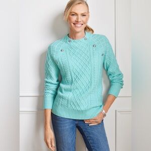 Talbots MOCKNECK CABLE KNIT SWEATER in Teal Blue, Silver button raglan sleeve XL